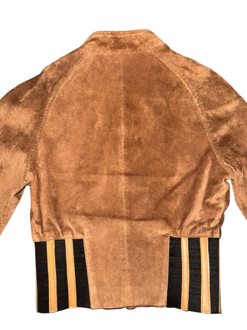 Cognac Suede Bomber Jacket with Striped Elastic Waist - Picture 5 of 11